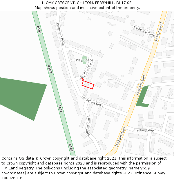 1, OAK CRESCENT, CHILTON, FERRYHILL, DL17 0EL: Location map and indicative extent of plot