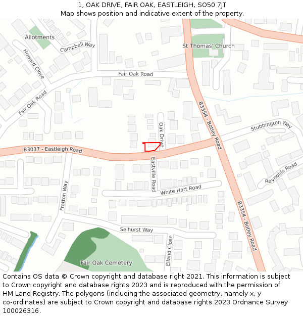 1, OAK DRIVE, FAIR OAK, EASTLEIGH, SO50 7JT: Location map and indicative extent of plot