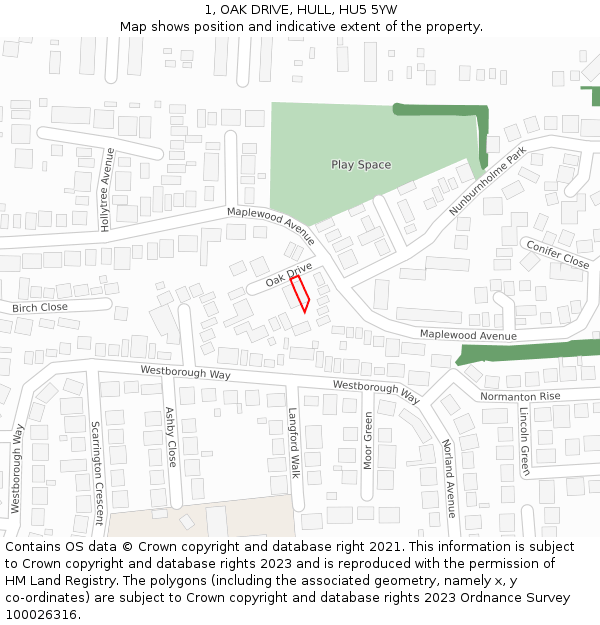 1, OAK DRIVE, HULL, HU5 5YW: Location map and indicative extent of plot