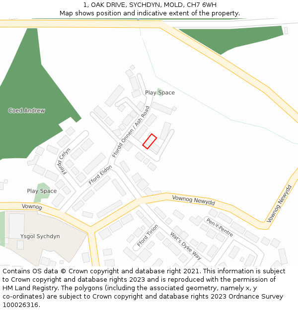 1, OAK DRIVE, SYCHDYN, MOLD, CH7 6WH: Location map and indicative extent of plot