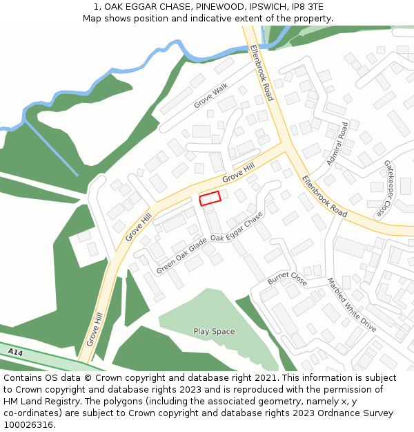 1, OAK EGGAR CHASE, PINEWOOD, IPSWICH, IP8 3TE: Location map and indicative extent of plot