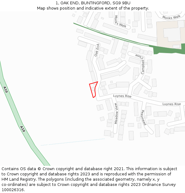 1, OAK END, BUNTINGFORD, SG9 9BU: Location map and indicative extent of plot