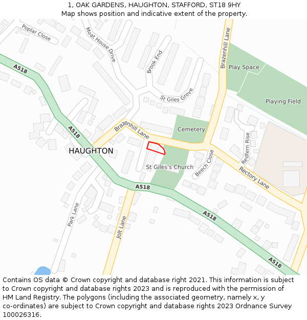 1, OAK GARDENS, HAUGHTON, STAFFORD, ST18 9HY: Location map and indicative extent of plot