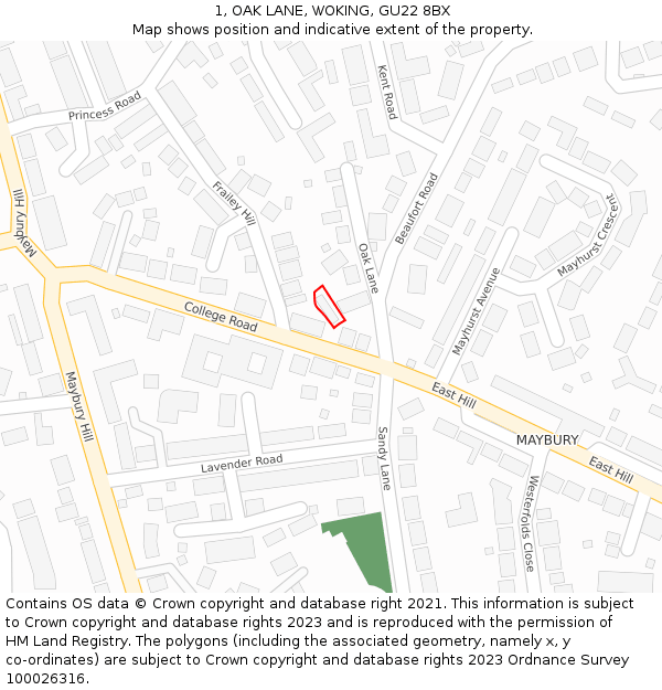 1, OAK LANE, WOKING, GU22 8BX: Location map and indicative extent of plot
