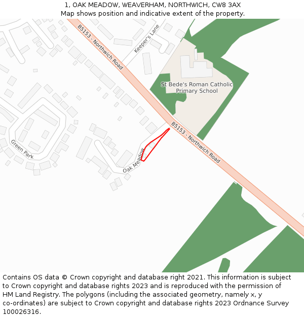 1, OAK MEADOW, WEAVERHAM, NORTHWICH, CW8 3AX: Location map and indicative extent of plot