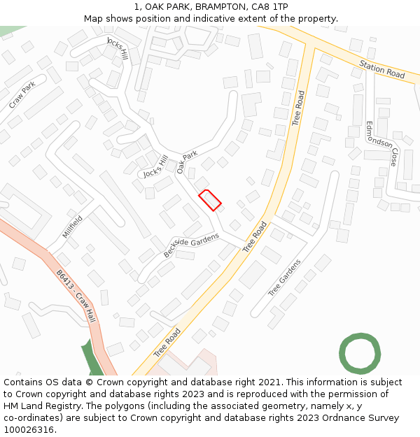 1, OAK PARK, BRAMPTON, CA8 1TP: Location map and indicative extent of plot