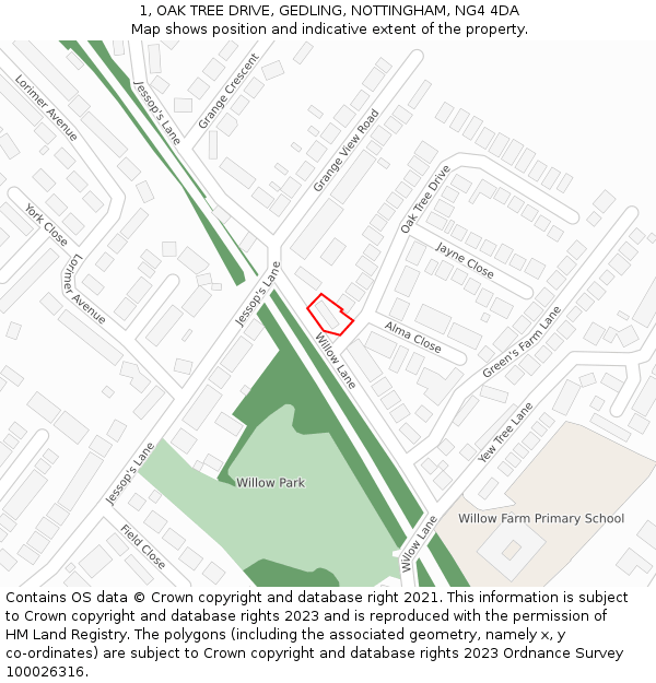 1, OAK TREE DRIVE, GEDLING, NOTTINGHAM, NG4 4DA: Location map and indicative extent of plot