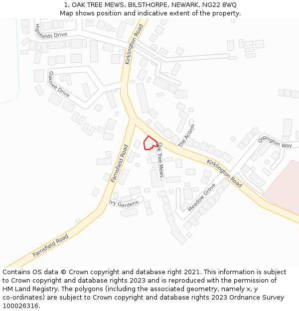 1, OAK TREE MEWS, BILSTHORPE, NEWARK, NG22 8WQ: Location map and indicative extent of plot