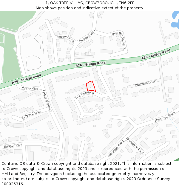 1, OAK TREE VILLAS, CROWBOROUGH, TN6 2FE: Location map and indicative extent of plot