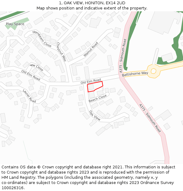 1, OAK VIEW, HONITON, EX14 2UD: Location map and indicative extent of plot