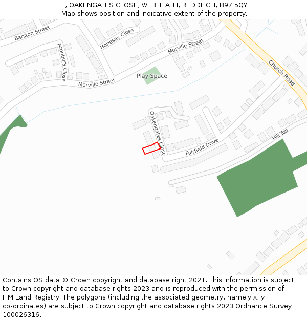 1, OAKENGATES CLOSE, WEBHEATH, REDDITCH, B97 5QY: Location map and indicative extent of plot