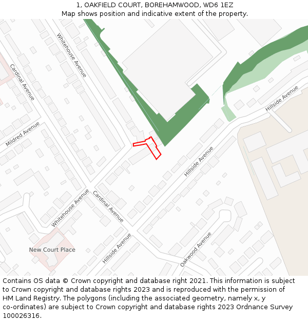 1, OAKFIELD COURT, BOREHAMWOOD, WD6 1EZ: Location map and indicative extent of plot