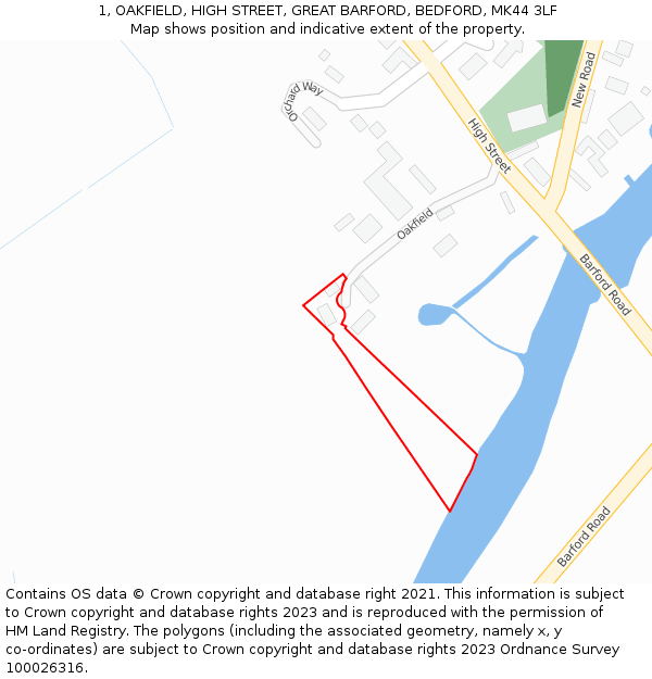 1, OAKFIELD, HIGH STREET, GREAT BARFORD, BEDFORD, MK44 3LF: Location map and indicative extent of plot