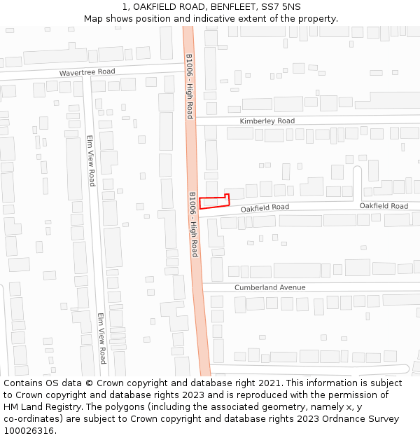 1, OAKFIELD ROAD, BENFLEET, SS7 5NS: Location map and indicative extent of plot