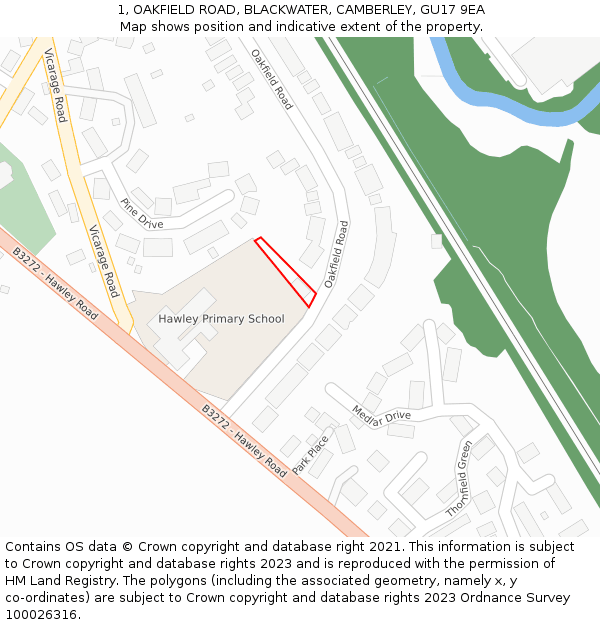 1, OAKFIELD ROAD, BLACKWATER, CAMBERLEY, GU17 9EA: Location map and indicative extent of plot