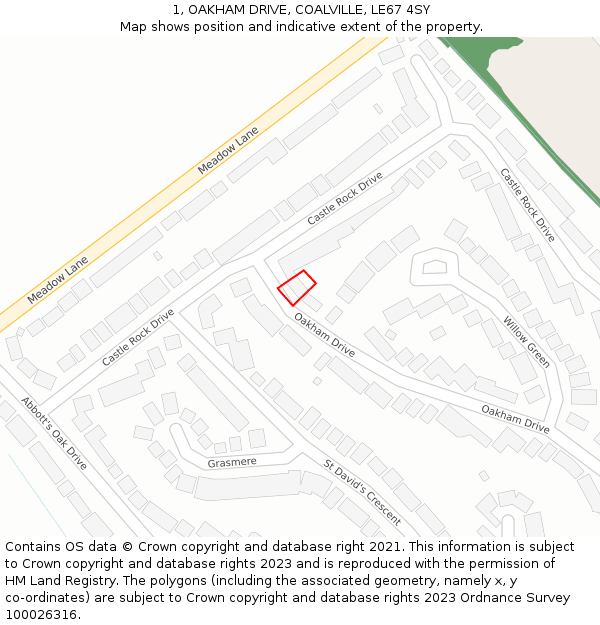 1, OAKHAM DRIVE, COALVILLE, LE67 4SY: Location map and indicative extent of plot