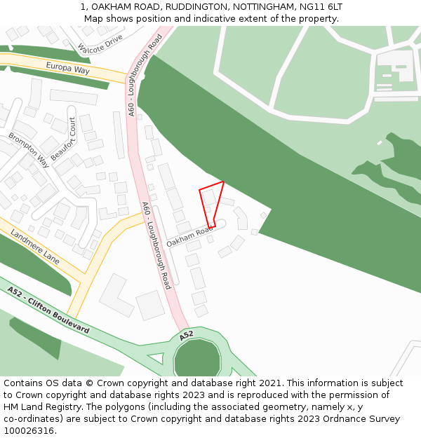 1, OAKHAM ROAD, RUDDINGTON, NOTTINGHAM, NG11 6LT: Location map and indicative extent of plot