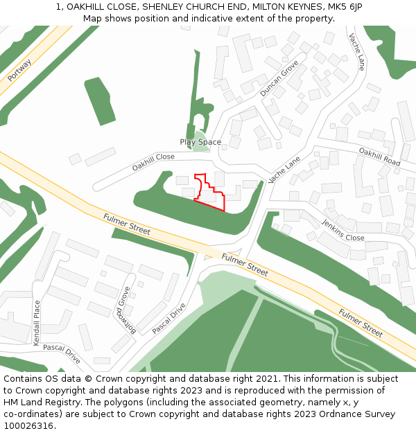 1, OAKHILL CLOSE, SHENLEY CHURCH END, MILTON KEYNES, MK5 6JP: Location map and indicative extent of plot