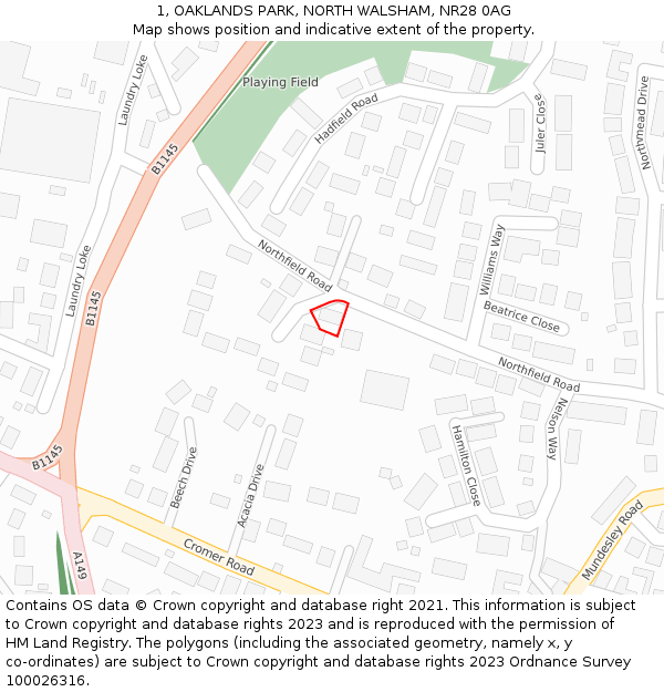 1, OAKLANDS PARK, NORTH WALSHAM, NR28 0AG: Location map and indicative extent of plot