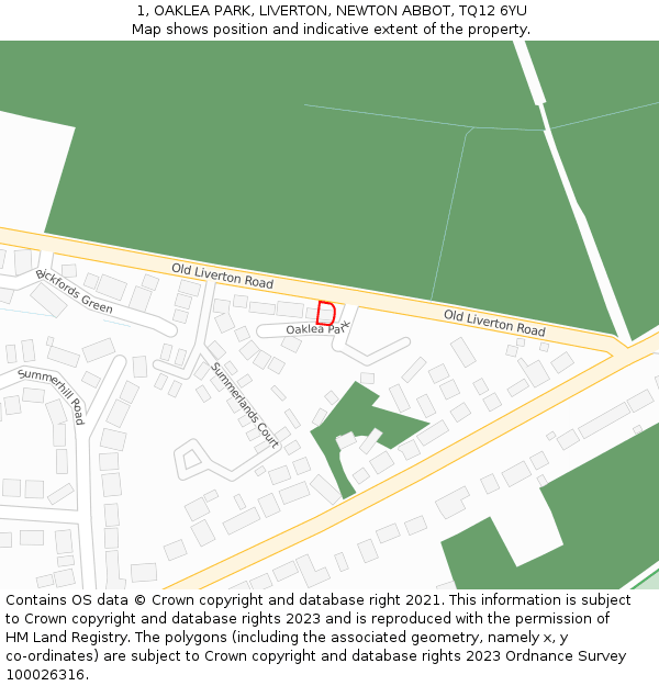 1, OAKLEA PARK, LIVERTON, NEWTON ABBOT, TQ12 6YU: Location map and indicative extent of plot