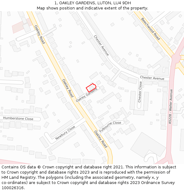 1, OAKLEY GARDENS, LUTON, LU4 9DH: Location map and indicative extent of plot