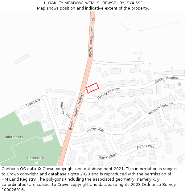 1, OAKLEY MEADOW, WEM, SHREWSBURY, SY4 5SF: Location map and indicative extent of plot