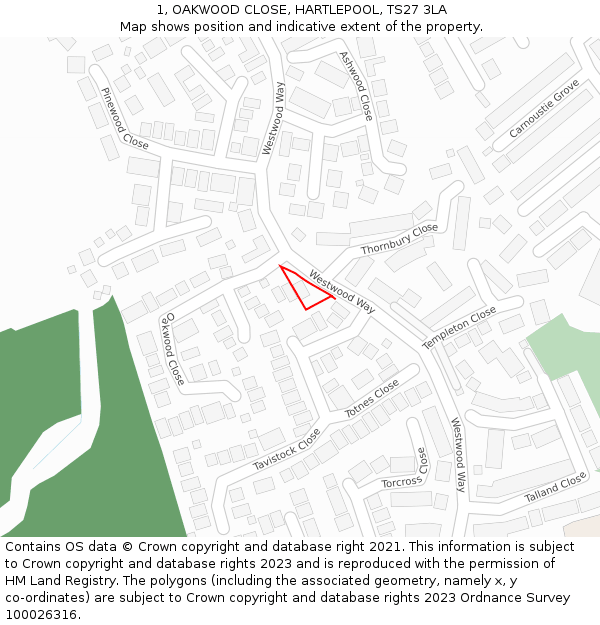 1, OAKWOOD CLOSE, HARTLEPOOL, TS27 3LA: Location map and indicative extent of plot