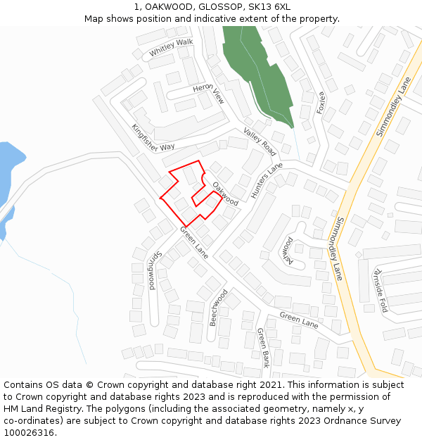 1, OAKWOOD, GLOSSOP, SK13 6XL: Location map and indicative extent of plot