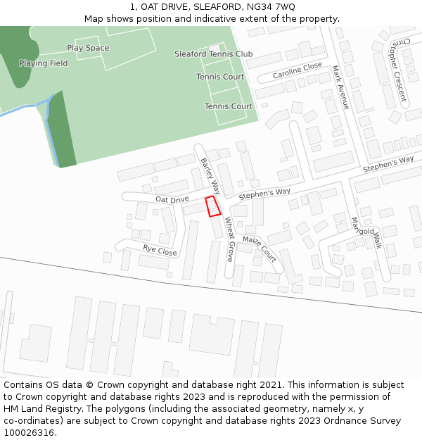 1, OAT DRIVE, SLEAFORD, NG34 7WQ: Location map and indicative extent of plot