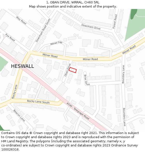 1, OBAN DRIVE, WIRRAL, CH60 5RL: Location map and indicative extent of plot