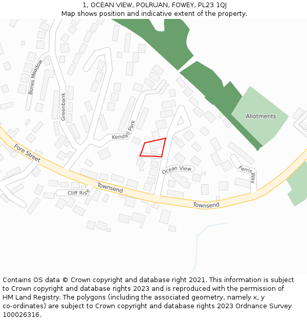 1, OCEAN VIEW, POLRUAN, FOWEY, PL23 1QJ: Location map and indicative extent of plot
