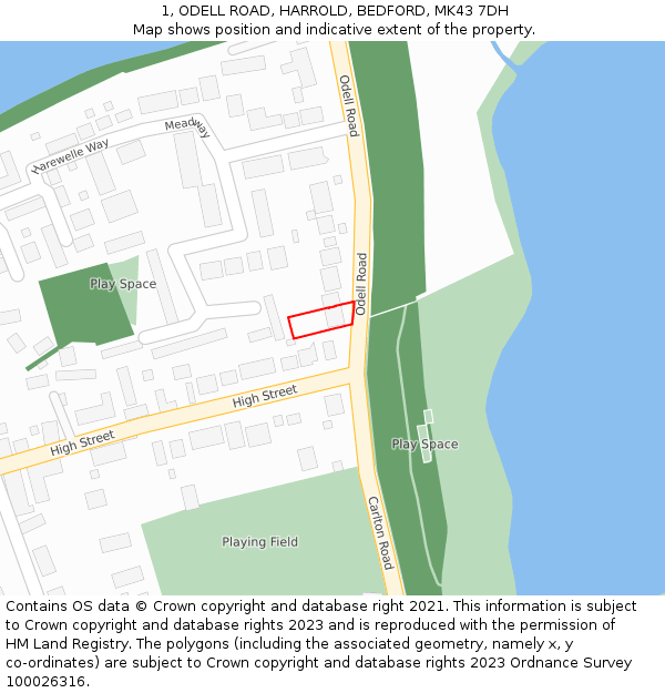 1, ODELL ROAD, HARROLD, BEDFORD, MK43 7DH: Location map and indicative extent of plot