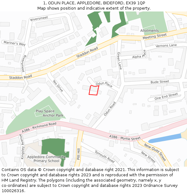 1, ODUN PLACE, APPLEDORE, BIDEFORD, EX39 1QP: Location map and indicative extent of plot