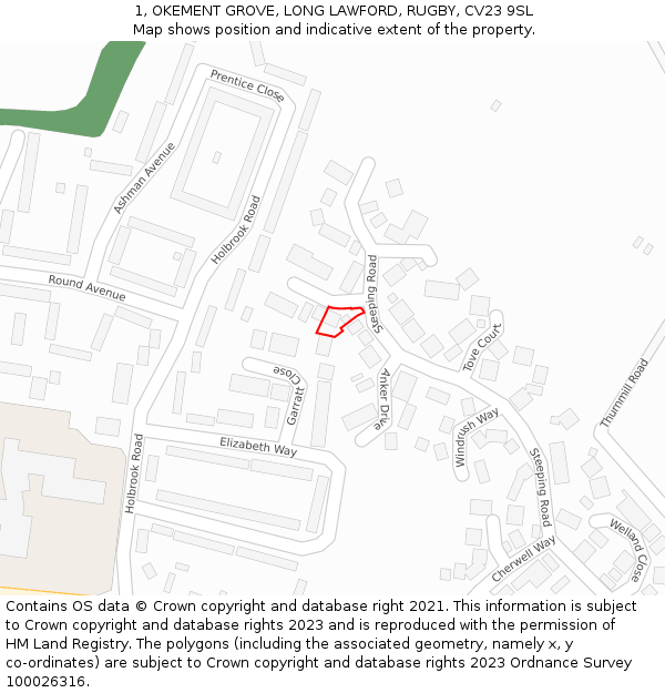 1, OKEMENT GROVE, LONG LAWFORD, RUGBY, CV23 9SL: Location map and indicative extent of plot