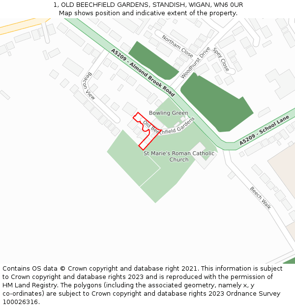 1, OLD BEECHFIELD GARDENS, STANDISH, WIGAN, WN6 0UR: Location map and indicative extent of plot