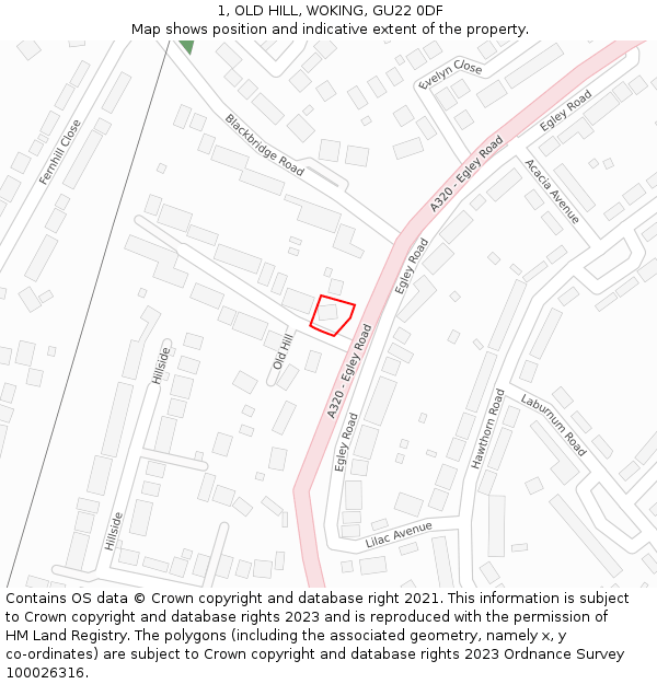 1, OLD HILL, WOKING, GU22 0DF: Location map and indicative extent of plot