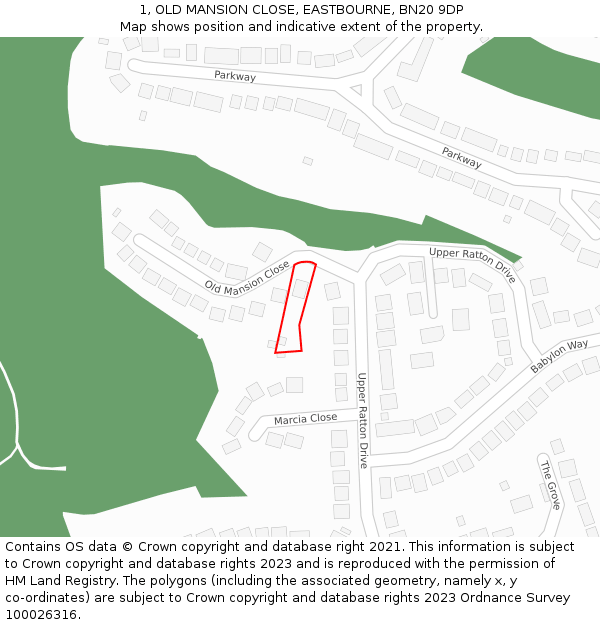 1, OLD MANSION CLOSE, EASTBOURNE, BN20 9DP: Location map and indicative extent of plot