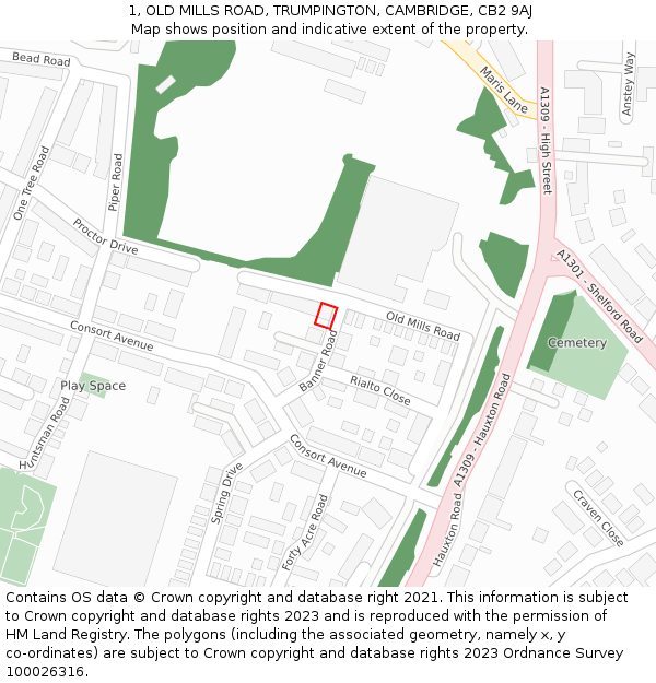 1, OLD MILLS ROAD, TRUMPINGTON, CAMBRIDGE, CB2 9AJ: Location map and indicative extent of plot