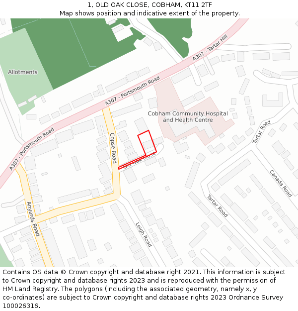 1, OLD OAK CLOSE, COBHAM, KT11 2TF: Location map and indicative extent of plot