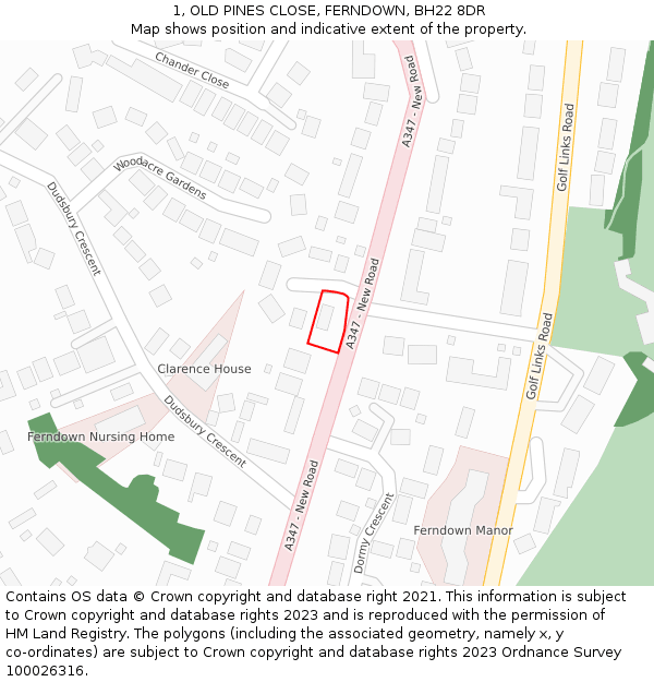 1, OLD PINES CLOSE, FERNDOWN, BH22 8DR: Location map and indicative extent of plot