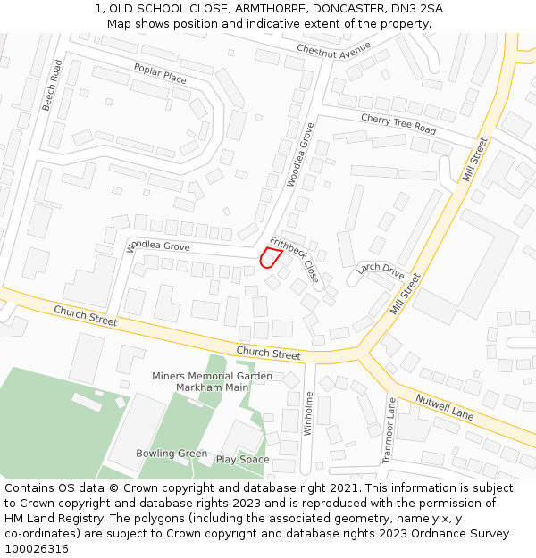 1, OLD SCHOOL CLOSE, ARMTHORPE, DONCASTER, DN3 2SA: Location map and indicative extent of plot