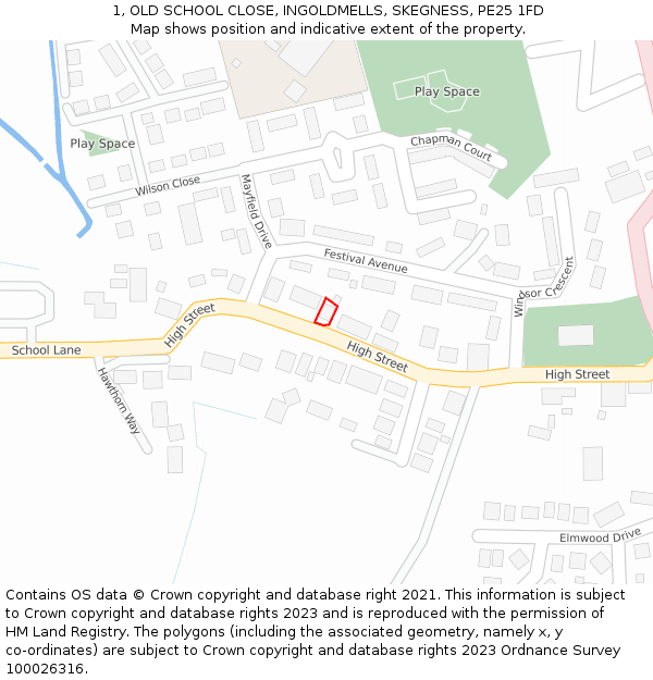 1, OLD SCHOOL CLOSE, INGOLDMELLS, SKEGNESS, PE25 1FD: Location map and indicative extent of plot