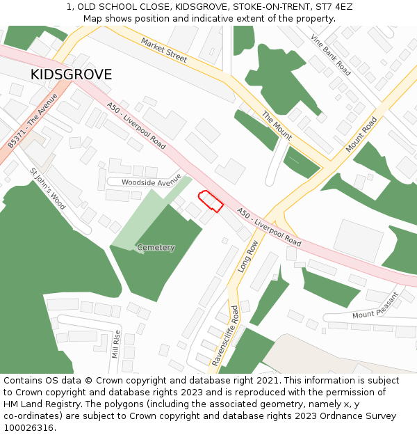 1, OLD SCHOOL CLOSE, KIDSGROVE, STOKE-ON-TRENT, ST7 4EZ: Location map and indicative extent of plot