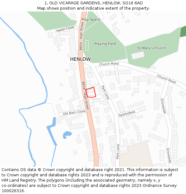 1, OLD VICARAGE GARDENS, HENLOW, SG16 6AD: Location map and indicative extent of plot