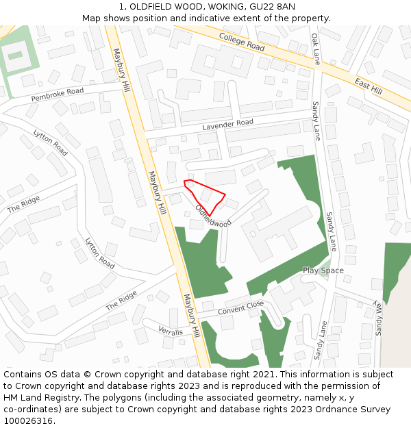 1, OLDFIELD WOOD, WOKING, GU22 8AN: Location map and indicative extent of plot