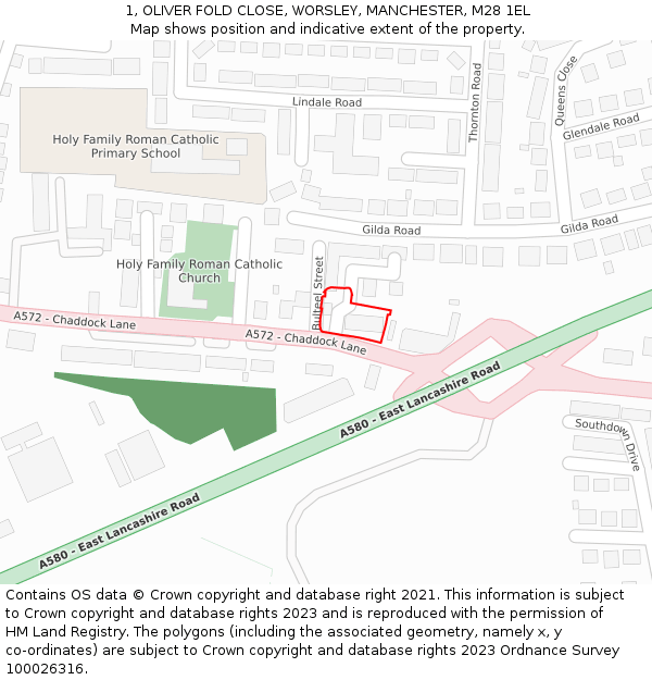 1, OLIVER FOLD CLOSE, WORSLEY, MANCHESTER, M28 1EL: Location map and indicative extent of plot