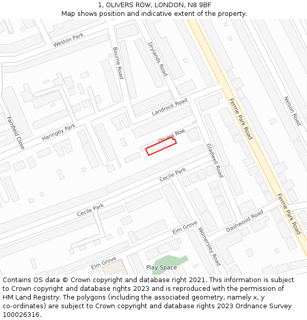 1, OLIVERS ROW, LONDON, N8 9BF: Location map and indicative extent of plot