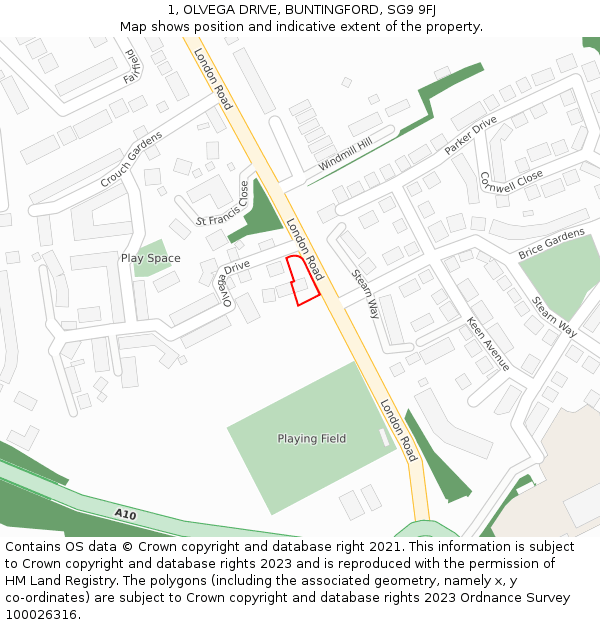 1, OLVEGA DRIVE, BUNTINGFORD, SG9 9FJ: Location map and indicative extent of plot