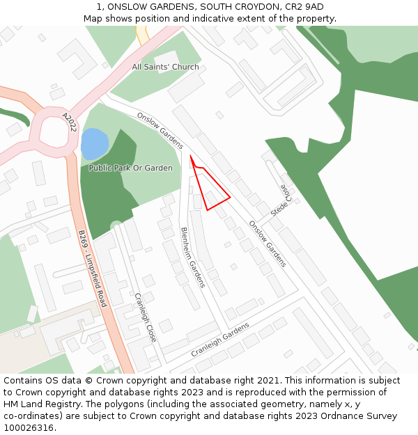 1, ONSLOW GARDENS, SOUTH CROYDON, CR2 9AD: Location map and indicative extent of plot