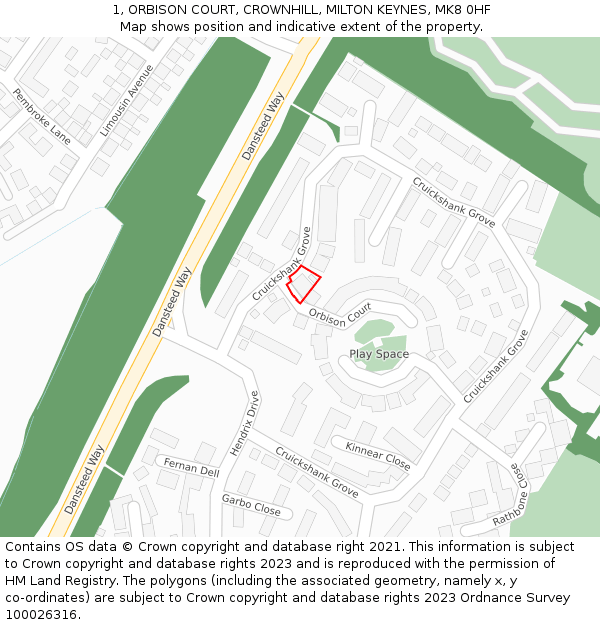 1, ORBISON COURT, CROWNHILL, MILTON KEYNES, MK8 0HF: Location map and indicative extent of plot